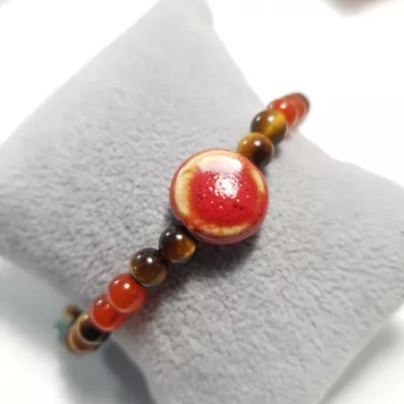 bracelet Cassiop extensible pour homme, pierres naturelle agate et céramique rouge, acier inoxydable doré