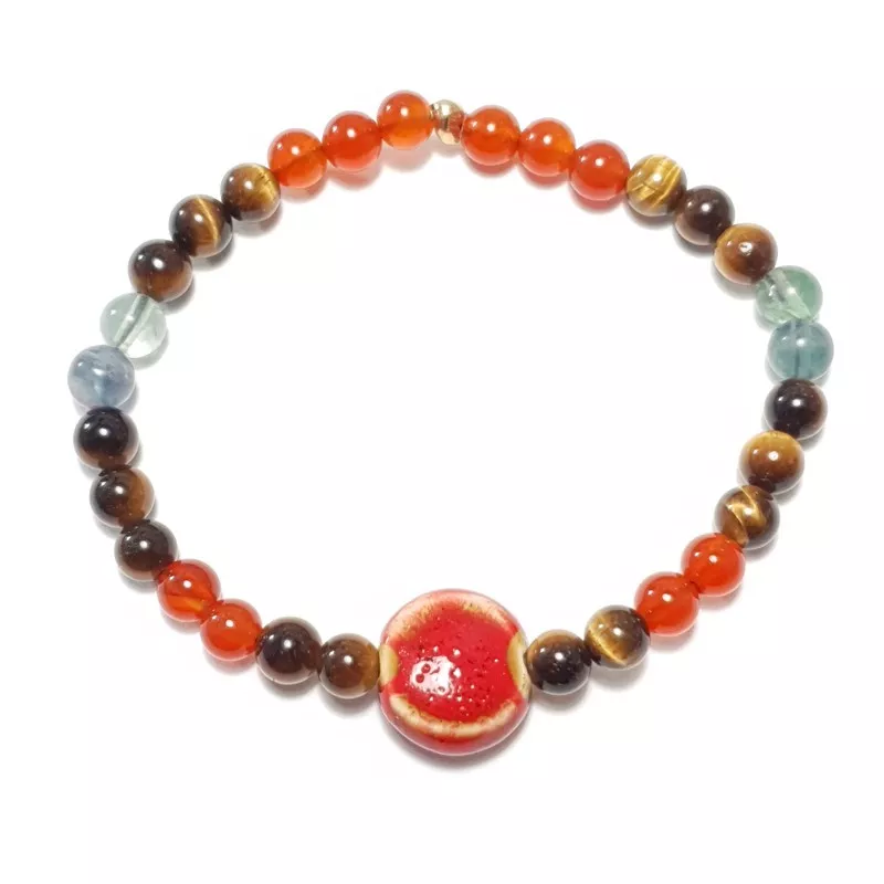 bracelet Cassiop extensible pour homme, pierres naturelle agate et céramique rouge, acier inoxydable doré