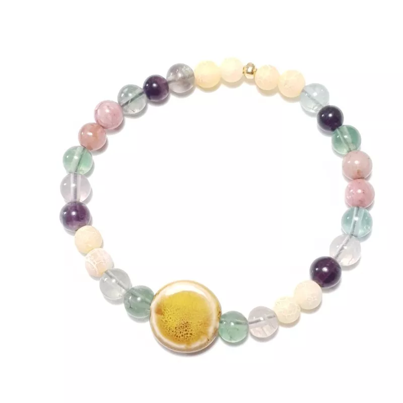 bracelet Cassiop extensible pour homme, pierres naturelle agate et céramique jaune, acier inoxydable doré