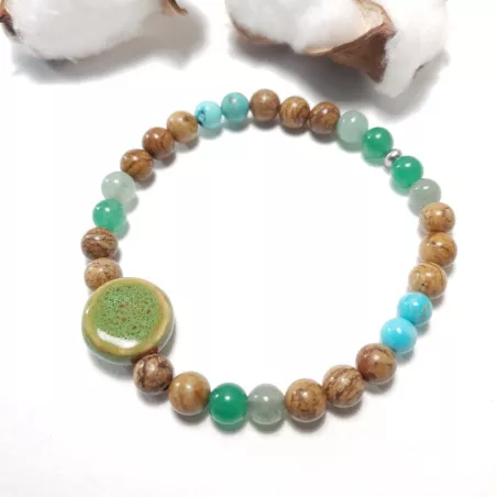 bracelet Cassiop extensible pour homme, pierres naturelle aventurine et céramique verte, acier inoxydable argenté