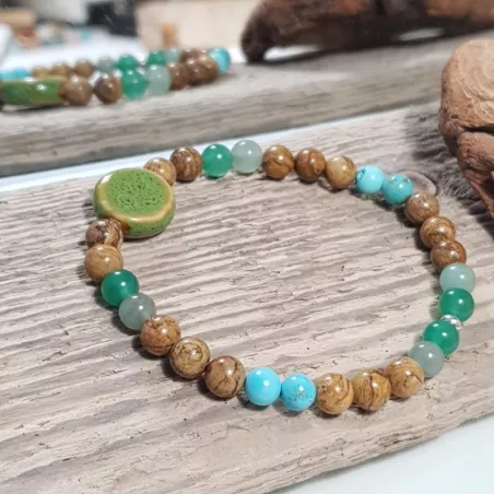 bracelet Cassiop extensible pour homme, pierres naturelle aventurine et céramique verte, acier inoxydable argenté