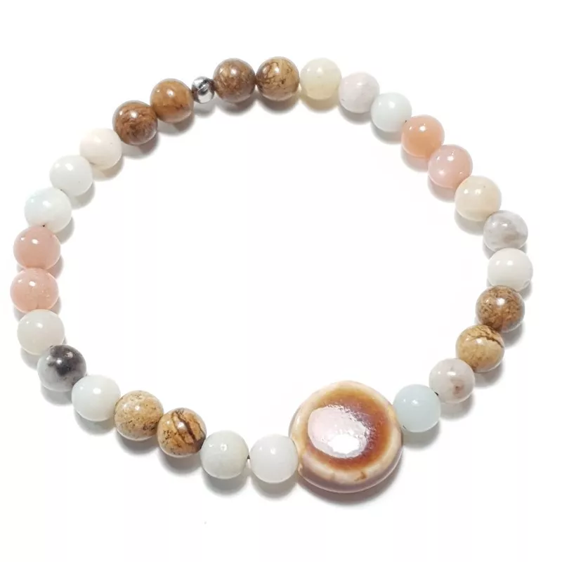 bracelet Cassiop extensible pour homme, pierres naturelle jaspe paysage et céramique marron, acier inoxydable argenté