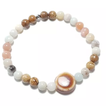 bracelet Cassiop extensible pour homme, pierres naturelle jaspe paysage et céramique marron , acier inoxydable argenté