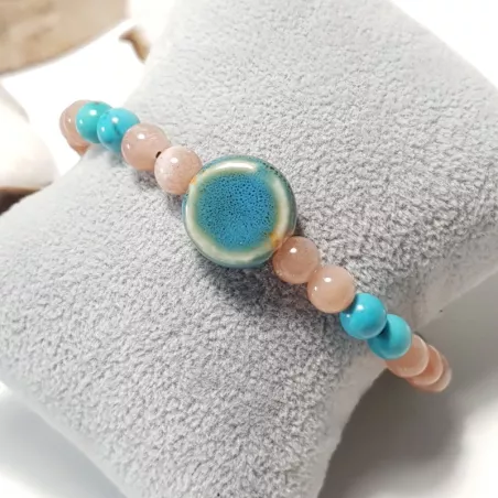 bracelet Cassiop extensible pour homme, pierres naturelle turquoise et céramique bleue, acier inoxydable argenté