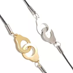 bracelet "Patoche" en fil de cuir noir et menotte, en acier inoxydable argenté ou doré
