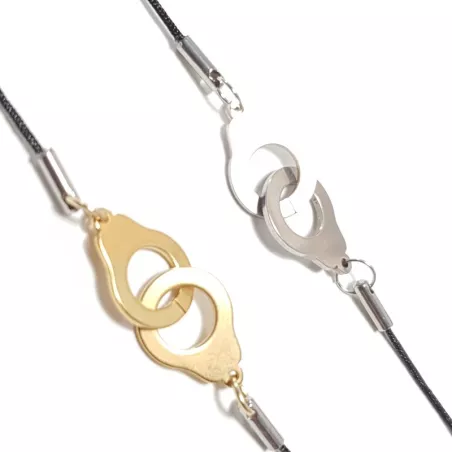 bracelet "Patoche" en fil de cuir noir et menotte, en acier inoxydable argenté ou doré
