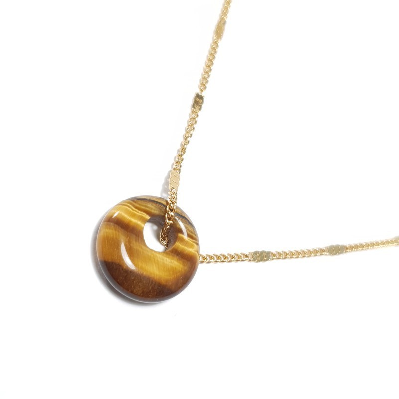 collier donut en acier inoxydable doré, pendentif avec pierre naturelle unique oeil de tigre