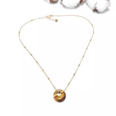 collier donut en acier inoxydable doré, pendentif avec pierre naturelle unique oeil de tigre