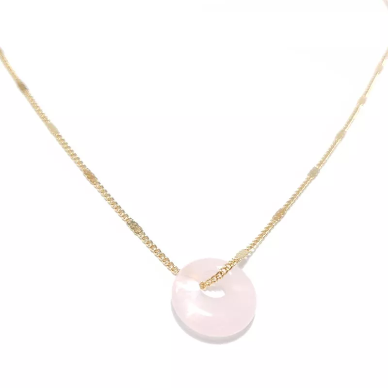 collier donut en acier inoxydable doré, pendentif avec pierre naturelle unique quartz rose