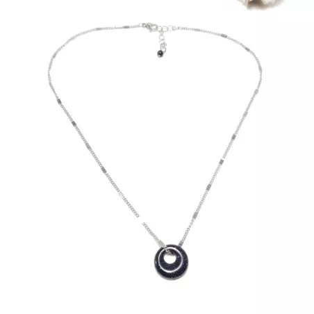 collier donut en acier inoxydable argenté, pendentif avec pierre naturelle unique pierre de soleil bleu