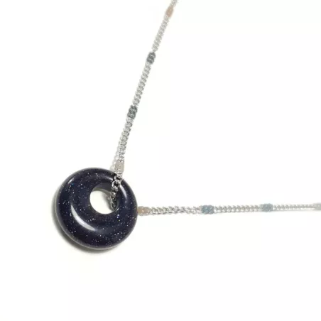 collier donut en acier inoxydable argenté, pendentif avec pierre naturelle unique pierre de soleil bleu