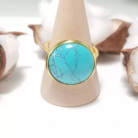 Bague Milet réglable, acier inoxydable or, avec un beau cabochon en pierre naturelle turquoise