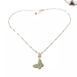 collier pendentif pieris, papillon, et acier inoxydable doré, unakite