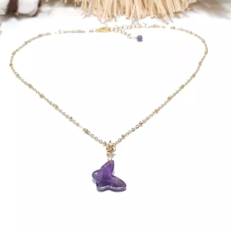 collier pendentif pieris, papillon, et acier inoxydable doré, améthyste