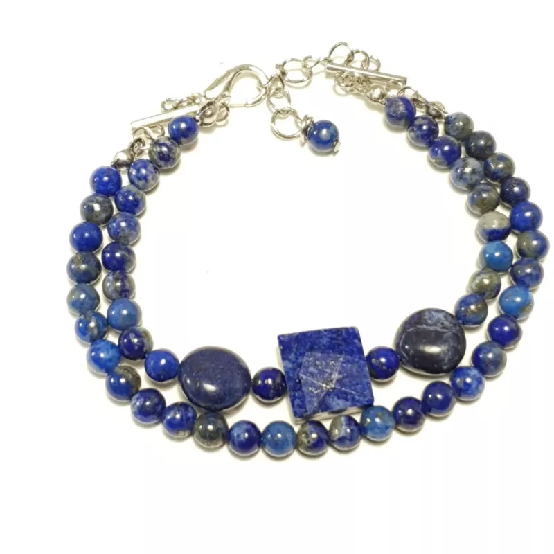 Bracelet double Lobelia lapis-lazuli et acier inoxydable argente