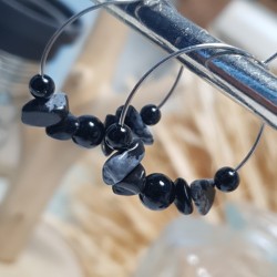 Boucles d'oreilles anneaux Caprice en acier inoxydable argenté, onyx et agates flocons