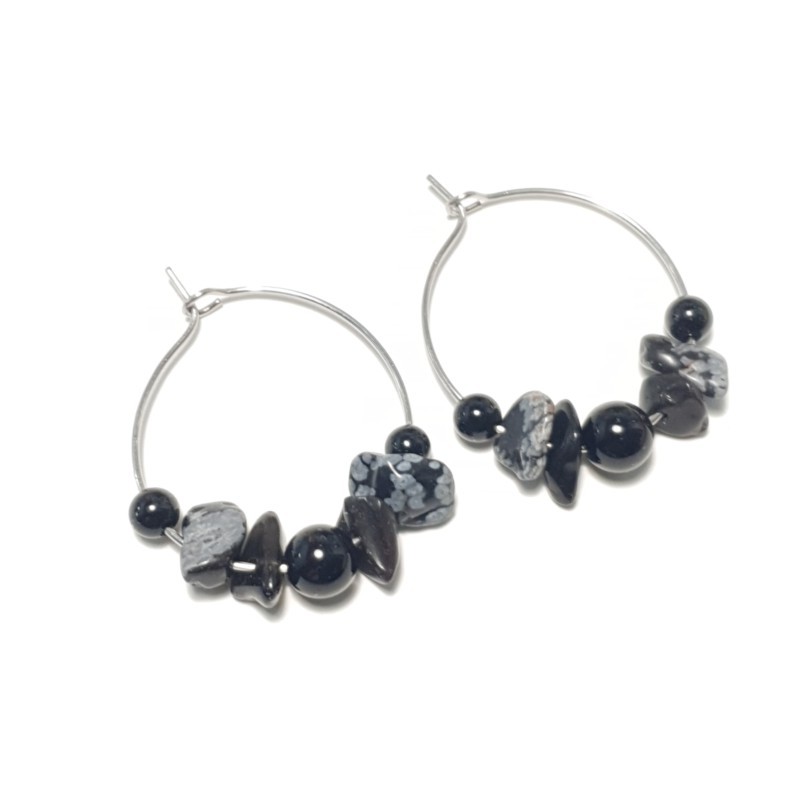 Boucles d'oreilles anneaux Caprice en acier inoxydable argenté, onyx et agates flocons