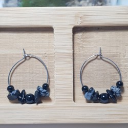 Boucles d'oreilles anneaux Caprice en acier inoxydable argenté, onyx et agates flocons