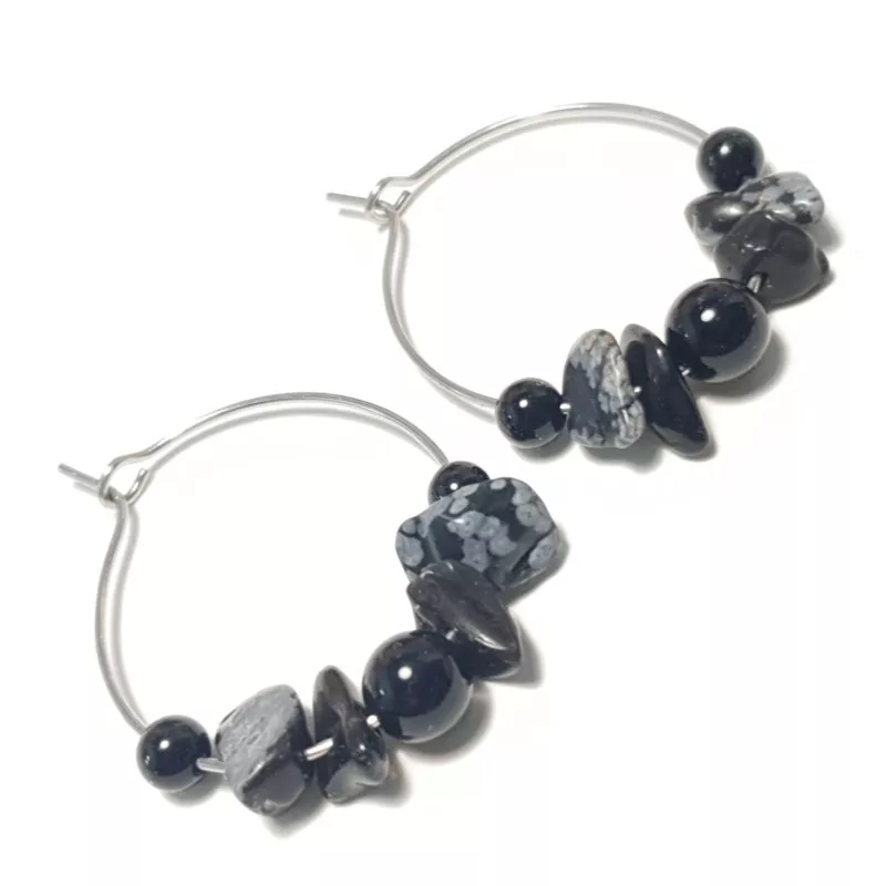 Boucles d'oreilles anneaux Caprice en acier inoxydable argenté, onyx et agates flocons