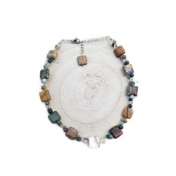 Collier tour de cou Ulex en acier inoxydable argenté et pierres naturelles : jaspe et agate