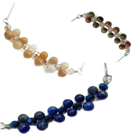 Collier Nono en acier inoxydable doré ou argenté fait à la main agate lapis-lazuli- topaze unakite