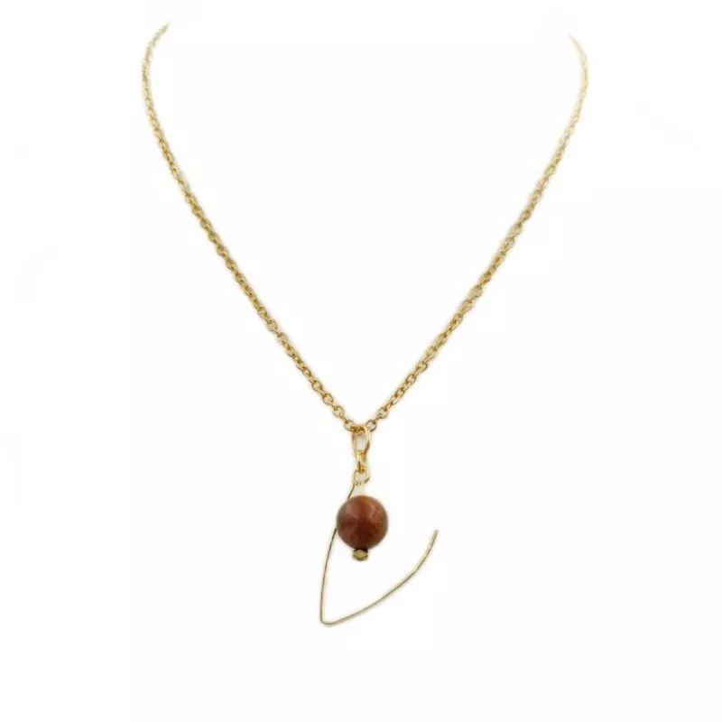 Collier "or" décalé, en acier inoxydable doré et pierre naturelle jaspe rouge