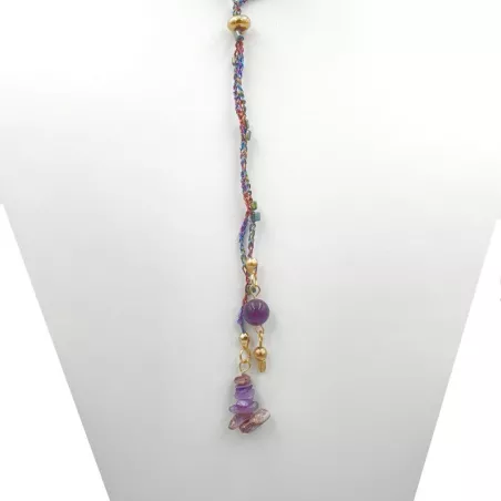 Collier crochet sautoir pierre naturelle améthyste et charoite