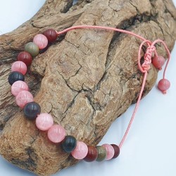 Bracelet cordon fil Lux, réglable, rhodochrosite et jaspe, pierres naturelles