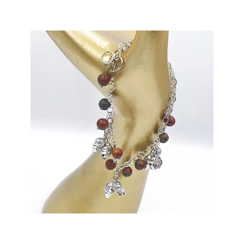 bracelet arietis, jaspe rouge et breloques, en acier inoxydable argenté