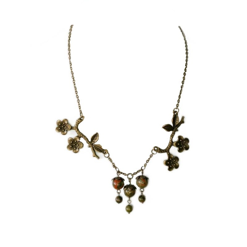 Collier en branche,  couleur bronze avec pierres naturelles en unakite.