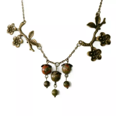 Collier en branche, couleur bronze avec pierres naturelles en unakite.