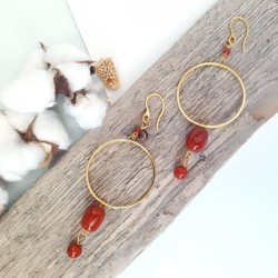 Boucles d'oreilles anneaux Urarti, en acier inoxydable doré et agates rouges naturelles