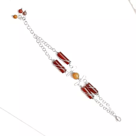 Bracelet Linum en acier inoxydable argenté, et pierres naturelles agate rouge et calcédoine