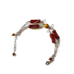 Bracelet Linum en acier inoxydable argenté, et pierres naturelles agate rouge et calcédoine