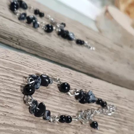 Bracelet Caprice onyx agate flocon et acier inoxydable argenté