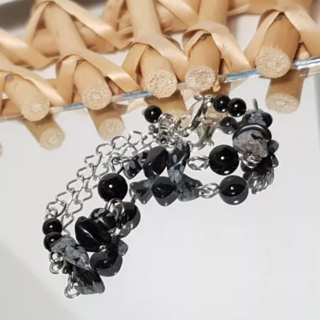 Bracelet Caprice onyx agate flocon et acier inoxydable argenté