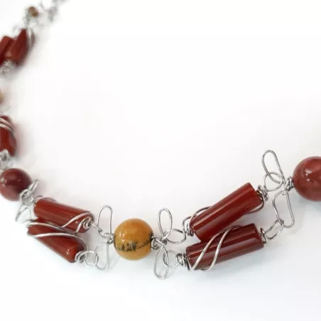 collier linum, tour de cou, agate rouge et calcédoine