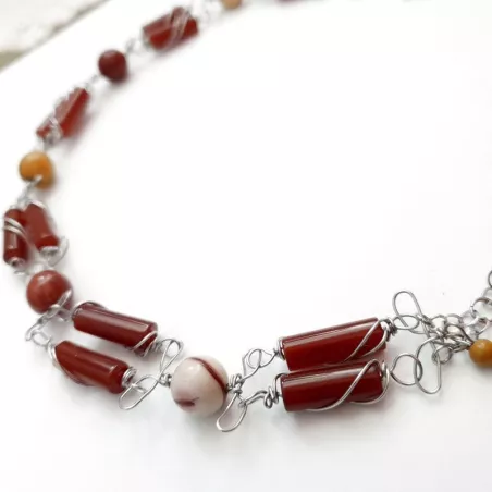 collier linum, tour de cou, agate rouge et calcédoine