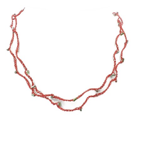 Collier crochet Amia rouge, double rang acier inoxydable et fil, fait à la main