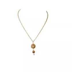 Collier pendant texturé façon bois, jaspe paysage et acier inoxydable doré