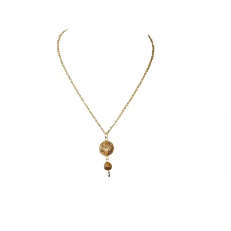 Collier pendant texturé façon bois, jaspe paysage et acier inoxydable doré