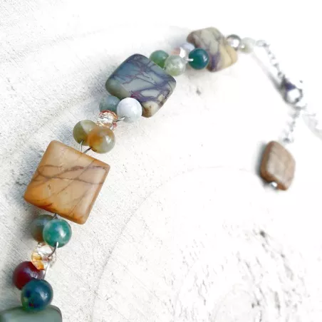 Collier tour de cou Ulex en acier inoxydable argenté et pierres naturelles : jaspe et agate