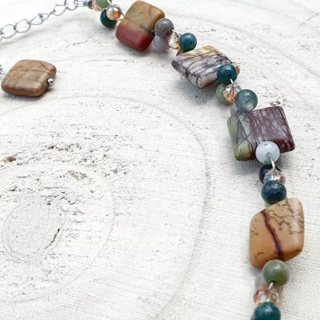 Collier tour de cou Ulex en acier inoxydable argenté et pierres naturelles : jaspe et agate