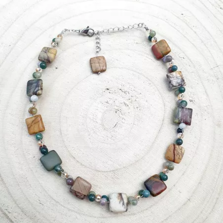 Collier tour de cou Ulex en acier inoxydable argenté et pierres naturelles : jaspe et agate