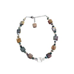 Collier tour de cou Ulex en acier inoxydable argenté et pierres naturelles : jaspe et agate