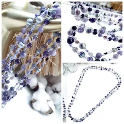 Collier crochet long Alhena avec perle de verre, bois et pierres naturelles  violet parme