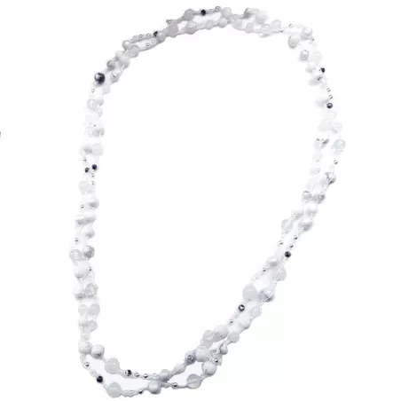 Collier crochet long Alhena avec perle de verre, bois et pierres naturelles blanc