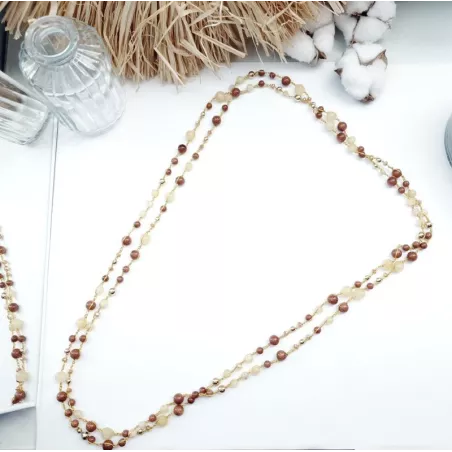 Collier crochet long Alhena avec perle de verre, bois et pierres naturelles jaune doré