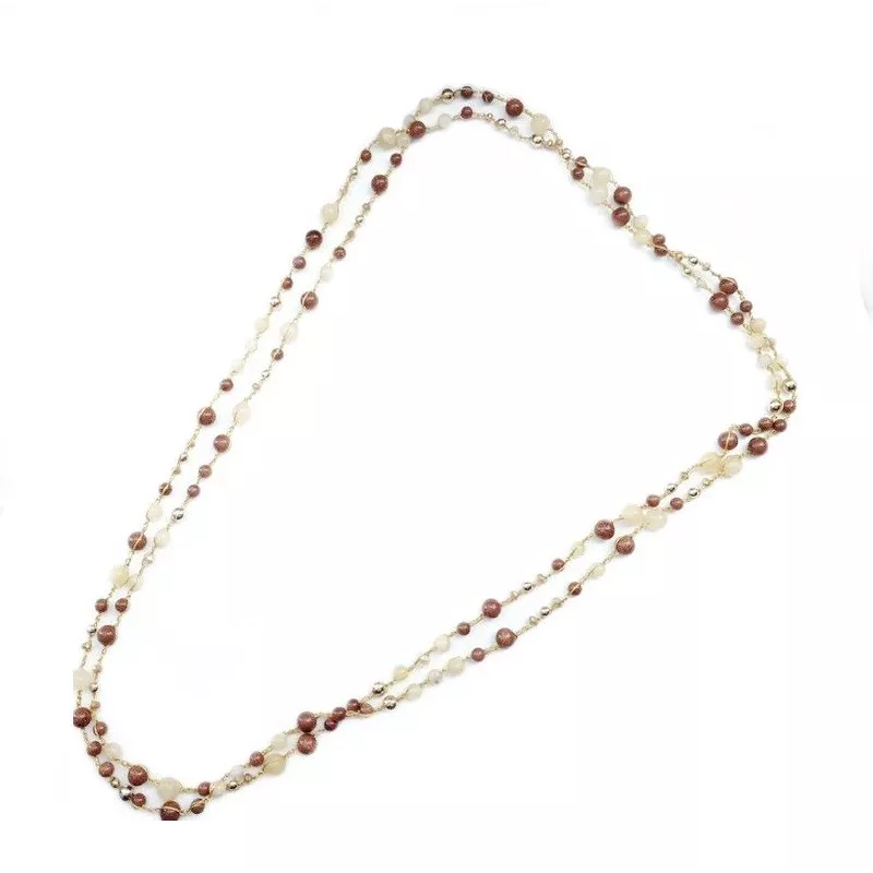 Collier crochet long Alhena avec perle de verre, bois et pierres naturelles jaune doré