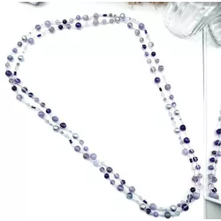 Collier crochet long Alhena avec perle de verre, bois et pierres naturelles  violet parme